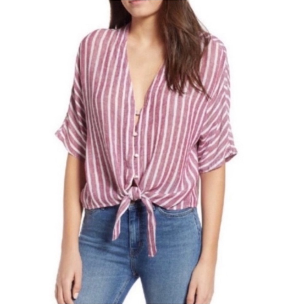 Rails Medium Red, White Thea Linen Blend Stripe Short Sleeve Waist Tie Top